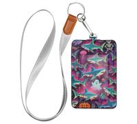 Happy Halloween Blue Shark Skull Leather Badge Card Holder with Lanyard and 3-Card Capacity Name Card Holders for Office Worker Nurse Teacher Student