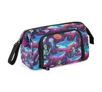 Happy Halloween Blue Shark Skull Pencil Bag Large Capacity Cute Pencil Bag Portable for Kids College