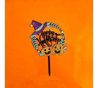Happy Halloween Cake Topper, Acrylic Halloween Cake Sign Decorations with Pumpkin Design, Witch Hat Decoration, Party Theme Sign, Color Printing Photo Props