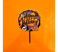 Happy Halloween Cake Topper Sign with Pumpkin, Skull, Witch Hat Design, Color Printing Party Cake Decoration Photo Props