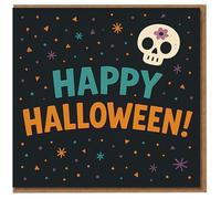 Happy Halloween Card - Cute Skull and Confetti Design - Fun Spooky Greeting for Kids or Adults - Colourful Seasonal Card with Envelope