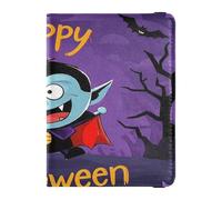 Happy Halloween Cartoon Cute Vampire Leather decorative Passport and Vaccine Card Holder Combo Travel Documents Organizer Protector Passport Cover with RFID Blocking Lightweight, Happy Halloween