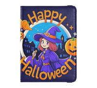 Happy Halloween Cartoon Cute Witch Leather Passport and Vaccine Card Holder Combo Passport Case Travel Documents Wallet Passport Holder Combo with Vaccine Card Slot for Women and Men