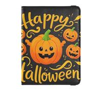 Happy Halloween Cartoon Cute Yellow Pumpkin Leather Passport and Vaccine Card Holder Combo Travel Passport Wallet Passport Holder Combo with Vaccine Card Slot for Travel Essential Waterproof