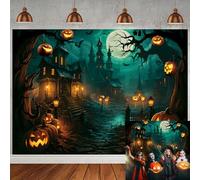 Happy Halloween Castle Backdrop Scary Night Haunted House Pumpkin Lantern Halloween Party Background Banner Kids Adult Horrible Halloween Party Decorations Photoshoot Backdrops (7x5FT)
