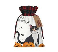 Happy Halloween Day Trick Or Treat Color Blocked Linen Drawstring Gift Bag, Reusable Gift Bag