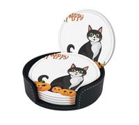 Happy-Halloween-Day-Trick-Or-Treat Print 6-Pack Round Leather Coasterspremium Pu Leather Drink Coasters With Storage Box, Easy To Clean, Heat Stain Resistant For Home, Office, And Kitchen Use