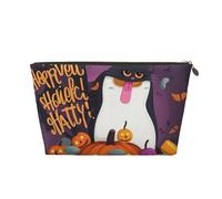 Happy-Halloween-Day-Trick-Or-Treat Printed Toiletry Bag for Women Girl Portable Travel Cosmetic Bag Leather Makeup Pouch Organizer with Gold Zipper