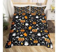 Happy Halloween Duvet Cover Double Size,Cute Ghost Black Cat Black Comforter Cover for Kids Teens Adults Bedroom Decor,Pumpkin Smiling Bat Network Moon Bedding Set 2 Pillowcases,No Comforter