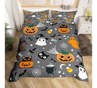 Happy Halloween Duvet Cover Single Size,Cute Ghost Black Cat Comforter Cover for Kids Teens Adults Bedroom Decor,Pumpkin Smiling Bat Network Grey Soft Bedding Set 1 Pillowcase,No Comforter