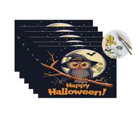Happy Halloween Full Moon Owl Vinyl Placemats Set of 6 for Dining Tables,Kitchen Table Mats Heat Resistant Washable Wipeable PVC Place Mat