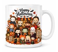 Happy Halloween Horror Characters Ceramic Coffee Mug | Kawaii Style Design, Classic Horror Icons, Trick or Treat Theme, White Ceramic, Novelty Drinkware