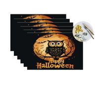 Happy Halloween Moon Night Owl Vinyl Placemats Set of 6 for Dining Tables,Kitchen Table Mats Heat Resistant Washable Wipeable PVC Place Mat