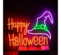 Happy Halloween Neon Sign Mysterious Purple Green Hat LED Neon Light for Wall Decor Dimmable USB Powered Halloween Light Up Sign for Halloween Decor Home Spooky Party bedroom Decor(16.5 * 12.6 In)