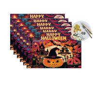Happy Halloween Night Haunted House Vinyl Placemats Set of 6 for Dining Tables,Kitchen Table Mats Heat Resistant Washable Wipeable PVC Place Mat
