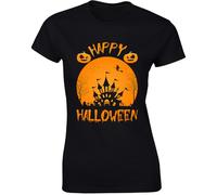 Happy Halloween Orange Moon Witchy Vibes Women's Tee Haunted Castle Pumpkins Black - Medium