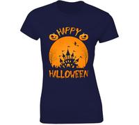Happy Halloween Orange Moon Witchy Vibes Women's Tee Haunted Castle Pumpkins Navy Blue - Medium
