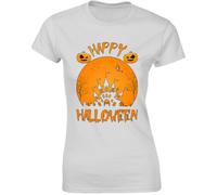 Happy Halloween Orange Moon Witchy Vibes Women's Tee Haunted Castle Pumpkins White - Medium
