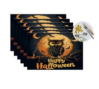 Happy Halloween Owl Moon Night Vinyl Placemats Set of 6 for Dining Tables,Kitchen Table Mats Heat Resistant Washable Wipeable PVC Place Mat