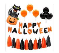 Happy Halloween Party Decor Set with Balloon Banner and Fringe Tassel Garland, Includes Foil Ghost and Balloons, for Car and Party, Orange, Black