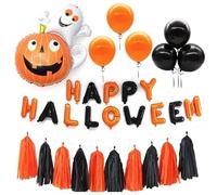 Happy Halloween Party Decor Set with Balloon Banner and Fringe Tassel Garland, Includes Foil Ghost and Balloons, for Car and Party, Orange, Black
