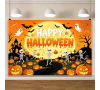 Happy Halloween Photo Backdrop 10x8ft Orange Full Moon Ghost Skeleton Spooky Pumpkin Trick or Treat Banners Halloween Birthday Party Backdrop Decorations Props