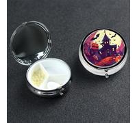 Happy Halloween Pill Box with Mirror 3 Compartment Decorative Pill Case for Purse or Pocket Small Round Pill Organizer Weekly Metal Medicine Tablet Vitamin Holder Travel Gift