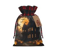 Happy-Halloween Print Christmas Party Gift Bags, Linen Drawstring Xmas Holiday Wedding Treat Candy Jewelry Sacks, Color Blocking Plaid Fabric