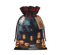 Happy-Halloween Print Christmas Party Gift Bags, Linen Drawstring Xmas Holiday Wedding Treat Candy Jewelry Sacks, Color Blocking Plaid Fabric
