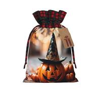 Happy Halloween print Color-blocked linen drawstring gift bag, gift bag, candy bag, storage bag