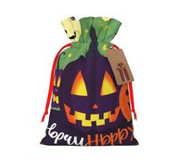 Happy Halloween Printed Christmas Drawstring Bags Reusable Bag for Christmas Party Xmas Gift Wrapping, Red Ribbon, M