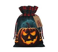 Happy Halloween Pumpkin Christmas Gift Bags with Tags & Ribbon Ties, Xmas Drawstring Candy Treat Bag Buffalo Plaid Christmas Gifts Sacks Reusable Gift Wrapping Bags for Holiday Party Favors Medium