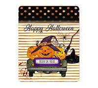 Happy Halloween Pumpkin Gnome Truck Tin Sign Spider Web Black Truck Metal Wall Art Ghost Haunt 12x16in Rust-Proof Vintage Decoration Sign for Home Bar Restaurant Cafe Wall