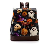 Happy Halloween Pumpkins Skulls Web Ghosts Witch Hat Mini Faux Leather Backpack Purse, Women Ladies Rucksack Handbag School Bag