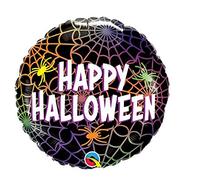 Happy Halloween Round Foil Balloon, Black with Colorful Spider Web Design, Party Decoration, Air or Helium Compatible