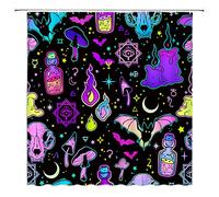 Happy Halloween Shower Curtain Witch Skull Spooky Bat Gothic Alchemy Magic Ouija Board Witchcraft Mushroom Boho Scary Mysterious Terror Bathroom Curtain with Hooks,Purple Black Blue