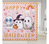 Happy Halloween Shower Curtains,Kawaii Ghost Cute Rainbow Bath Curtain,Pink Floral Orange Checkered Waterproof Fabric Curtain with Hooks Bathroom Decor,72Wx72L inch