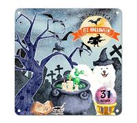 Happy Halloween Sign Eskimo Dog with Witches Hat Tin Plaque Witch Cauldron Full Moon Metal Plaque Horror Farmhouse Decor for Home Mantel Master Room Front Door 12x12in