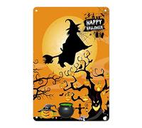 Happy Halloween Sign Witch Flying on A Broom Tin Sign Full Moon Pumpkin Witch Cauldron Metal Sign Horror Farmhouse Decor for Home Entryway Master Room Front Door 12x8in
