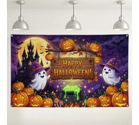 Happy Halloween Spooky Castle Jack-o'-Lantern Backdrop Banner 71x43 Inch | Haunted Castle, Photo Backdrop, Friendly Ghost, Witch Hat, Cauldron, Autumn Leaves, Full Moon, Seasonal Wall Decor