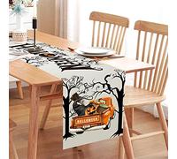 Happy Halloween Table Runner, 13 x 72 Inch Grey Woods & Truck Table Runner, Seasonal Fall Holiday Kitchen Dining Polyester Table Line for Home Party Decor