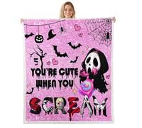 Happy Halloween Throw Blankets,Funny Skeleton Ghost Fleece Blanket,Kids Girls Boys Adult Spider Web Bat Fuzzy Blankets Purple Pink Glitter Sherpa Blanket Chair Sofa Bed Decor,90"×90"