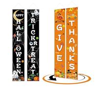Happy Halloween Trick or Treat Banner, Give Thanks Reversible Porch Sign Halloween Door Decorations Fall Decoration Thanksgiving Day Hanging Flags for Indoor Outdoor Wall Home Garden Outside