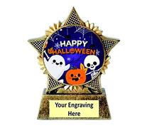 Happy Halloween Trophy Star 90mm Award Antique Gold Pumpkin Ghost Free Engraving - B