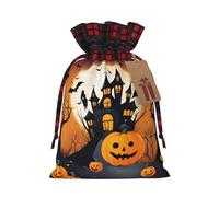 Happy-Halloween-Vector Print Christmas Party Gift Bags, Linen Drawstring Xmas Holiday Wedding Treat Candy Jewelry Sacks, Color Blocking Plaid Fabric