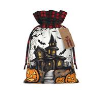 Happy-Halloween-Vector Print Christmas Party Gift Bags, Linen Drawstring Xmas Holiday Wedding Treat Candy Jewelry Sacks, Color Blocking Plaid Fabric