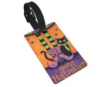 Happy Halloween Witch Legs Black Cat Luggage Tags Name Id Label Suitcase Tags, Ideal for Travel Cruise Backpacks Bag