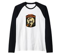 Happy Halloween Witch Pinup Riding Broom with Black Cat Raglan Baseball Tee