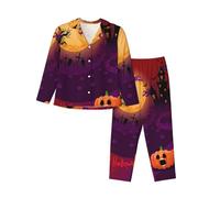 Happy Halloween Women'S Long-Sleeved Pajama Set Loungewear All Seasons Warm Top Wide Leg Pants Black
