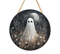 Happy Halloween Wooden Sign - Scary Porch Hanging Ornament, Rustic Yard Wall Display | White Ghost Pumpkin Festival Decoration, Haunted House Party Board for WindowKitchen Fireplace with Seasonal The